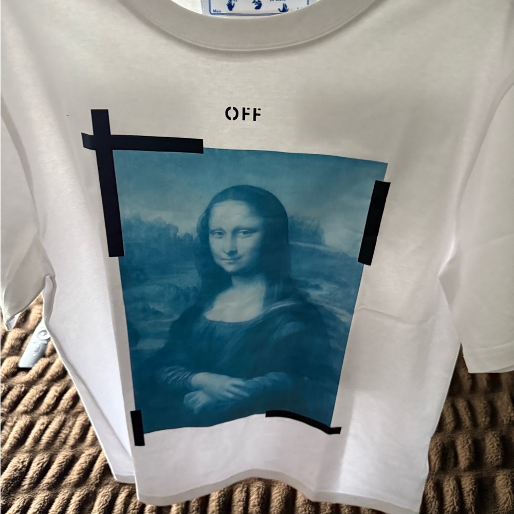 White T-Shirt with Blue Mona Lisa Print